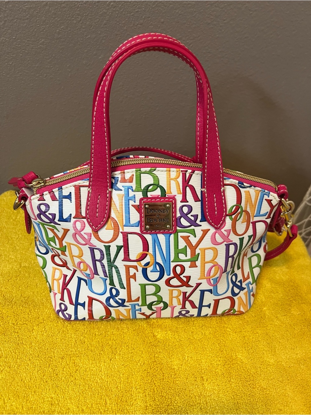 Dooney & Bourke Multicolor Logo Satchel with Pink Trim Brand New Never Used